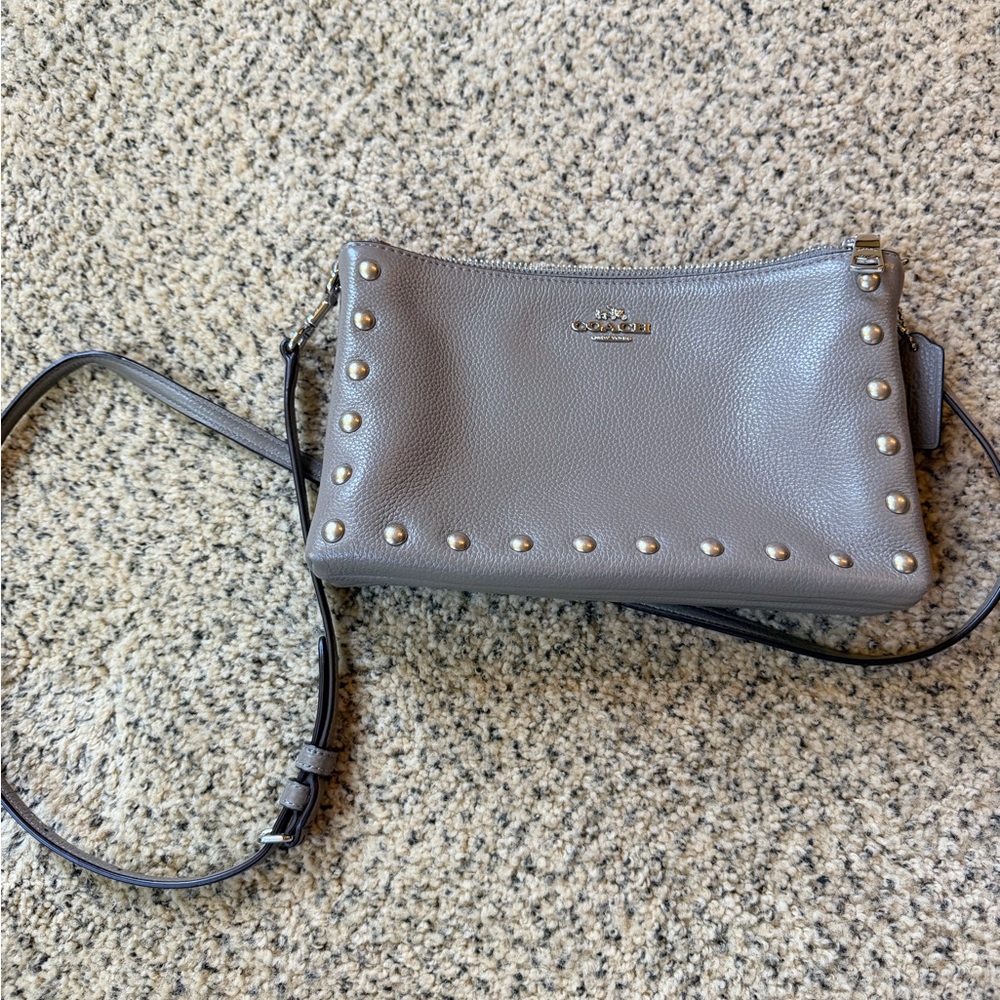 Coach Pebbled Leather Studded Crossbody in Gray